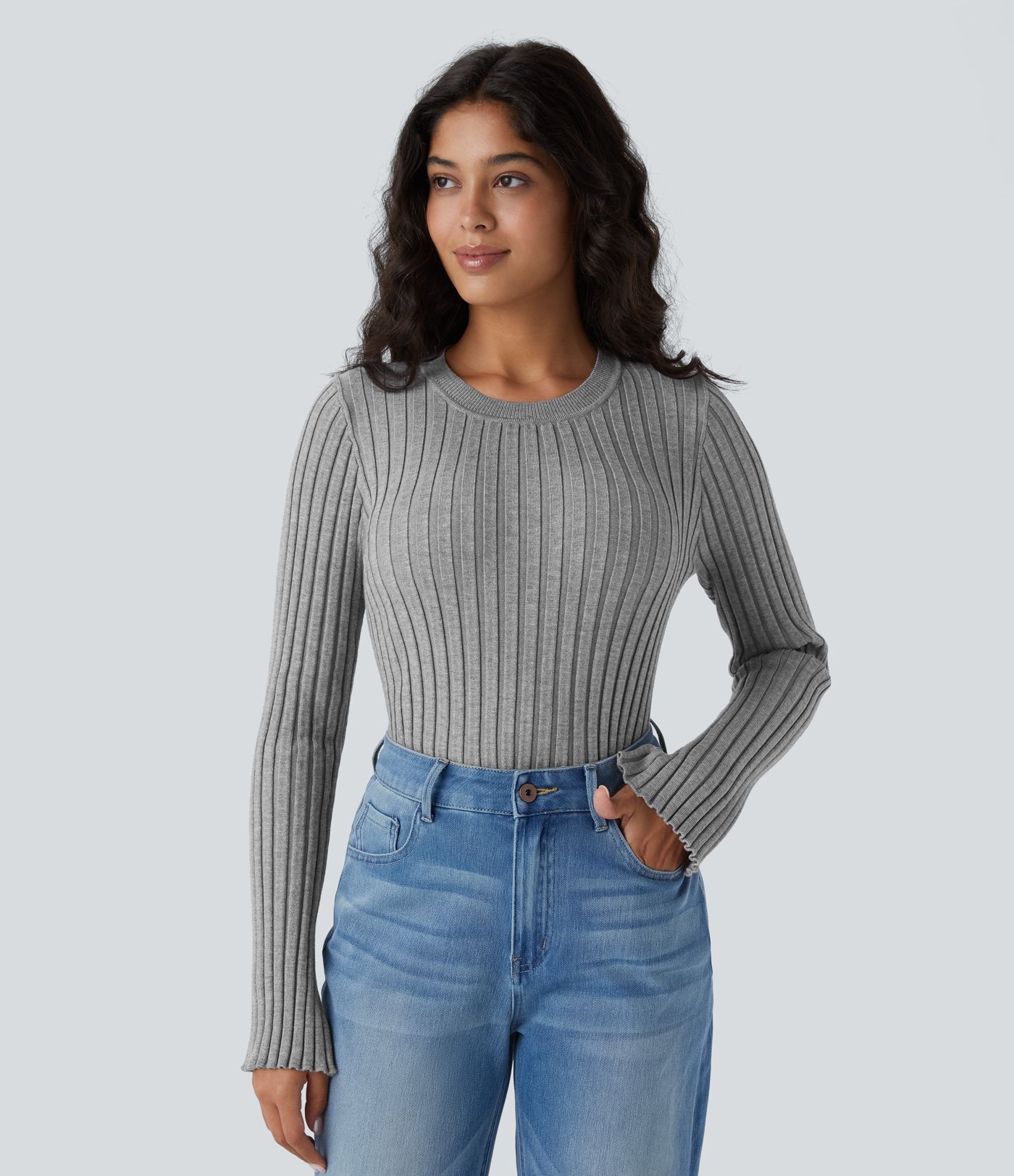 Pull Décontracté à Col Rond, Manches Longues et Volants