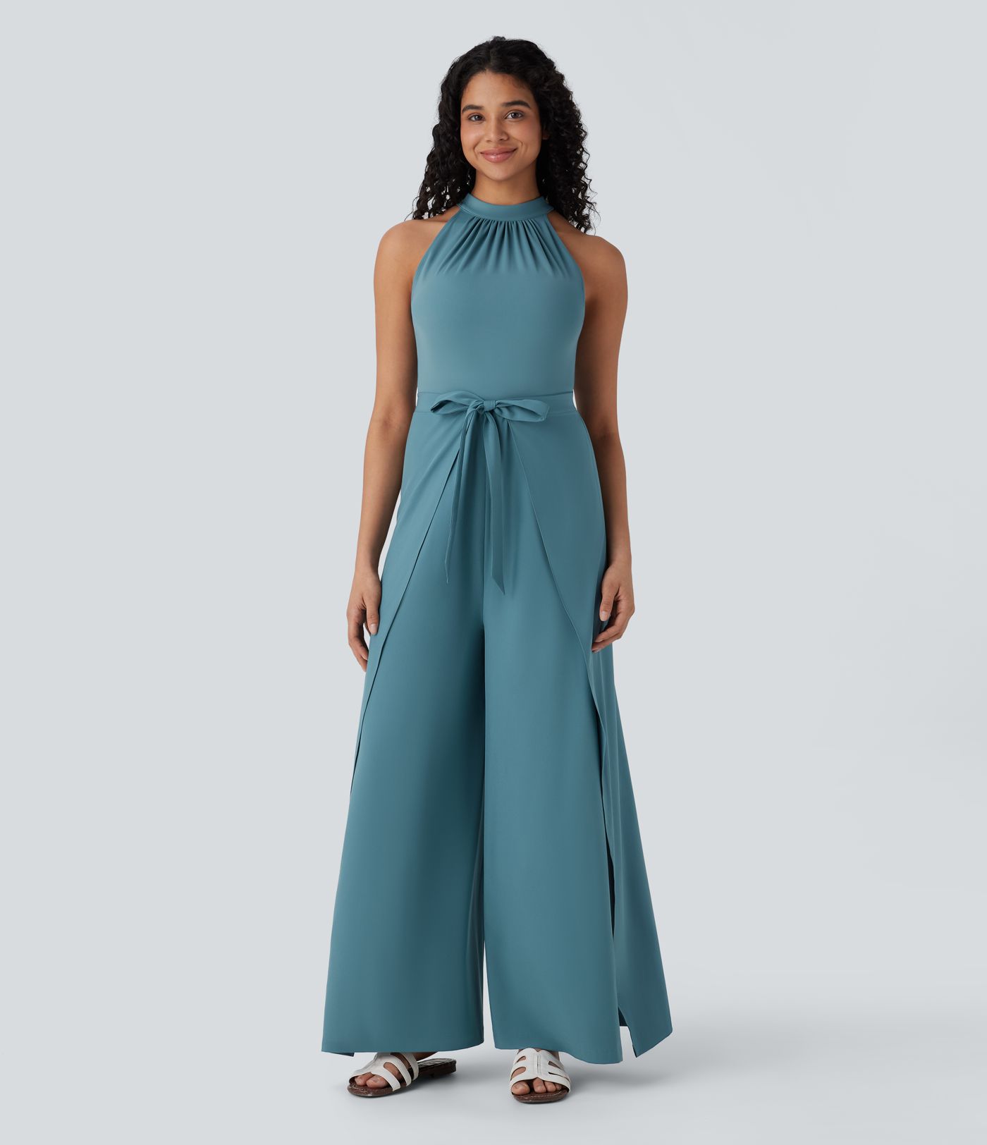 Breezeful™ Stand Collar Sleeveless Tie Front Wide Leg Flowy Quick Dry Jumpsuit
