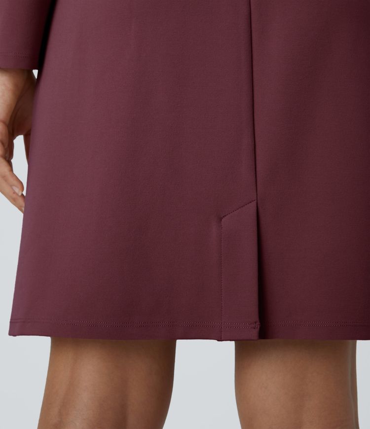 Round Neck Shoulder Pad Long Sleeve Hem Slim Mini Work Dress