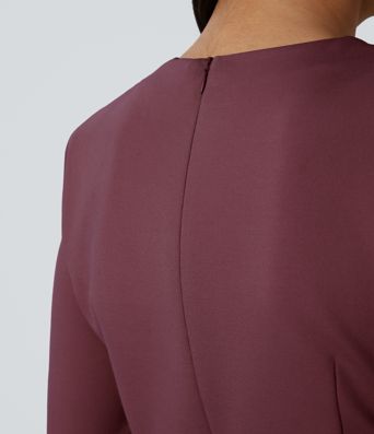 Round Neck Shoulder Pad Long Sleeve Hem Slim Mini Work Dress