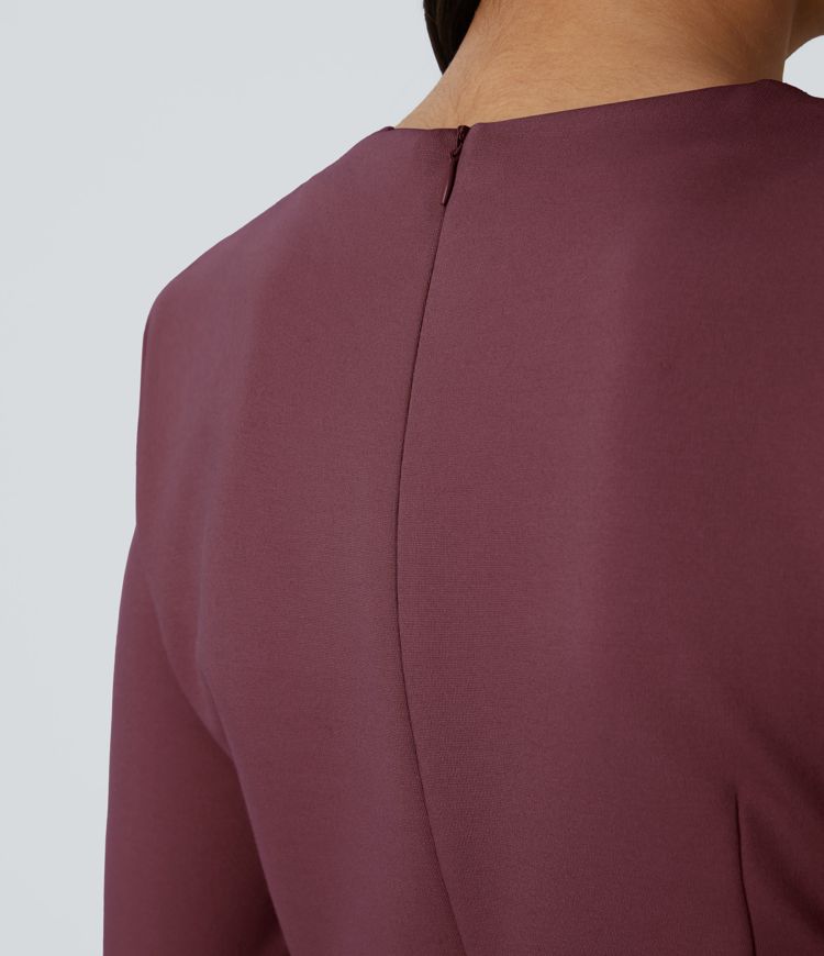 Round Neck Shoulder Pad Long Sleeve Hem Slim Mini Work Dress