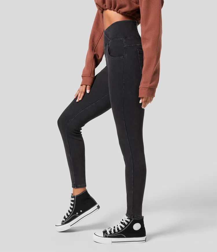 Halara Flex™ High-Waist Crossover Multi-Pocket Stretch Knit Denim Warm Casual 7/8 Leggings