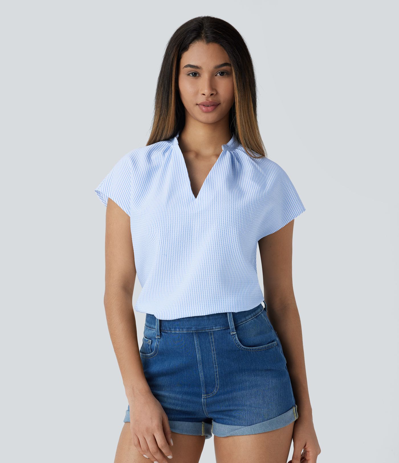 V Neck Short Sleeve Curved Hem Stripe Casual Top