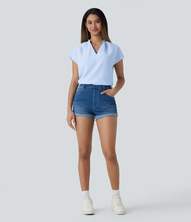 V Neck Short Sleeve Curved Hem Stripe Casual Top