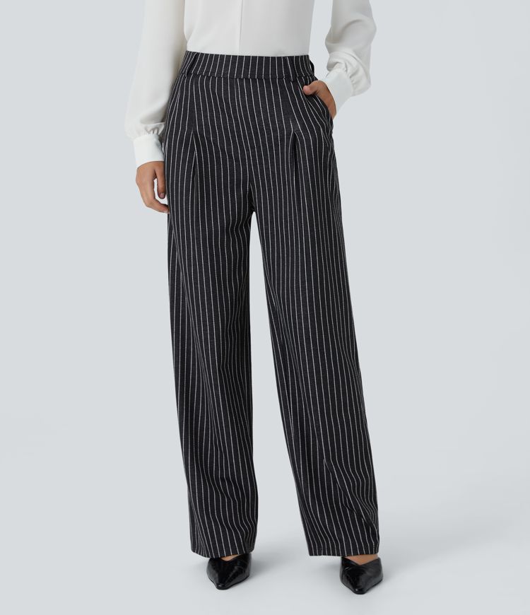 High Waisted Pocket Straight Leg Stripe Work Pants