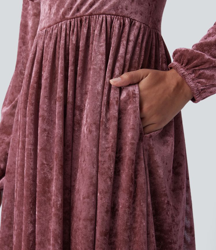 See-through V-neck long-sleeved pleated velvet maxi wedding guest look dress