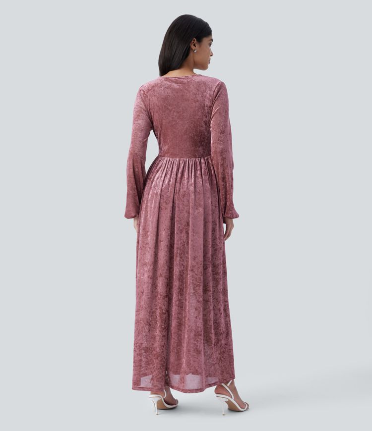 See-through V-neck long-sleeved pleated velvet maxi wedding guest look dress