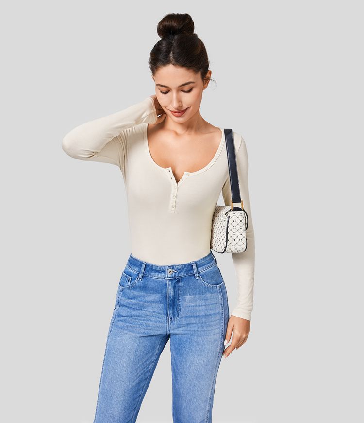 Haut décontracté slim côtelé à manches longues et col Henley