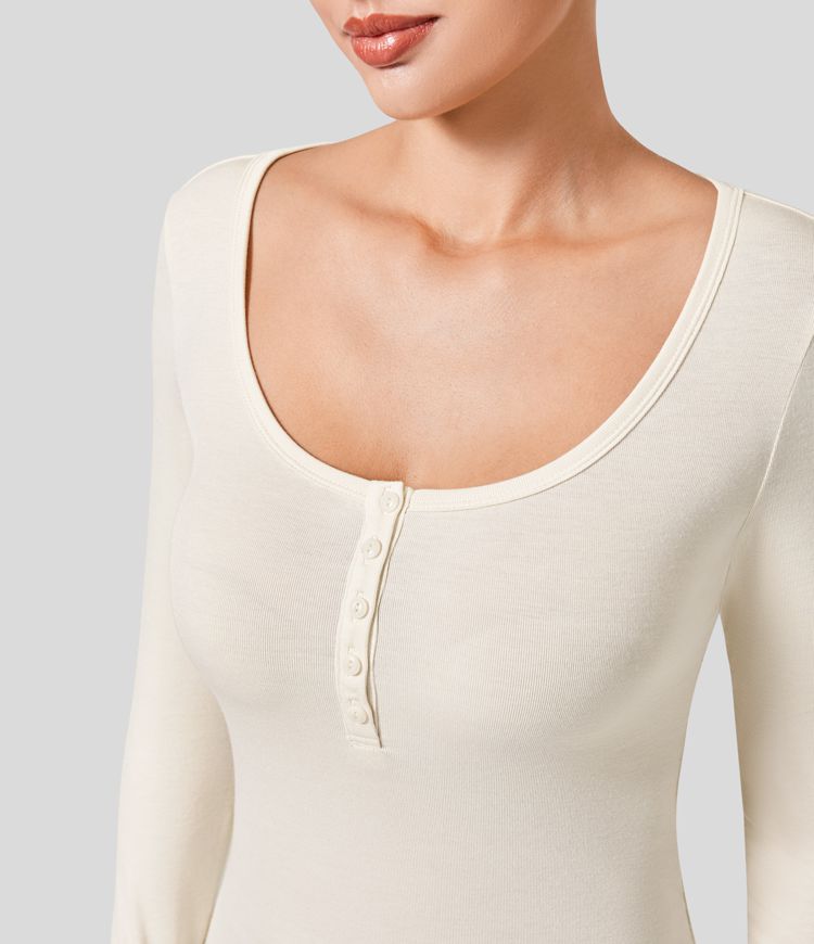 Haut décontracté slim côtelé à manches longues et col Henley