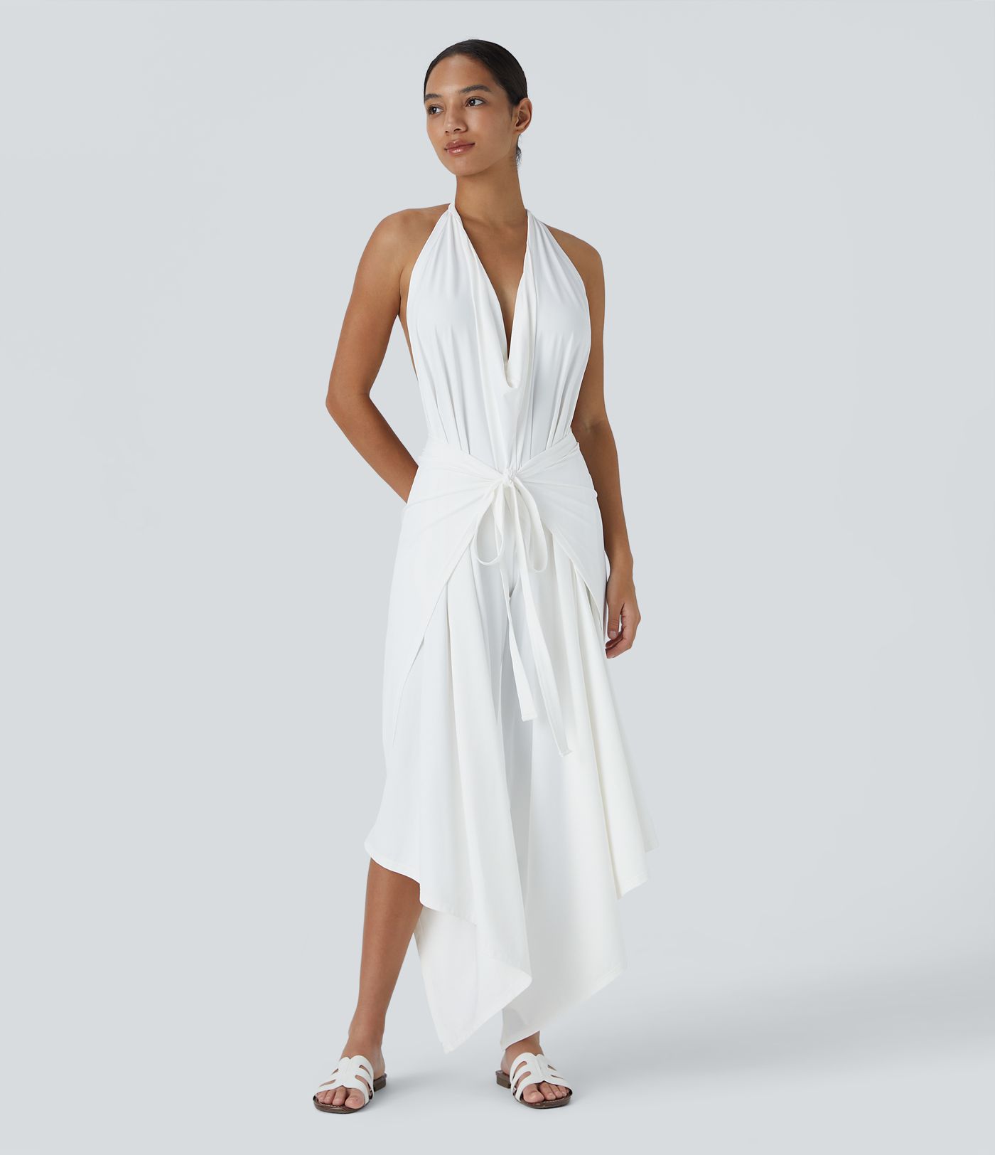 Pantalón palazzo fluido ancho con tiro alto y lazo delantero