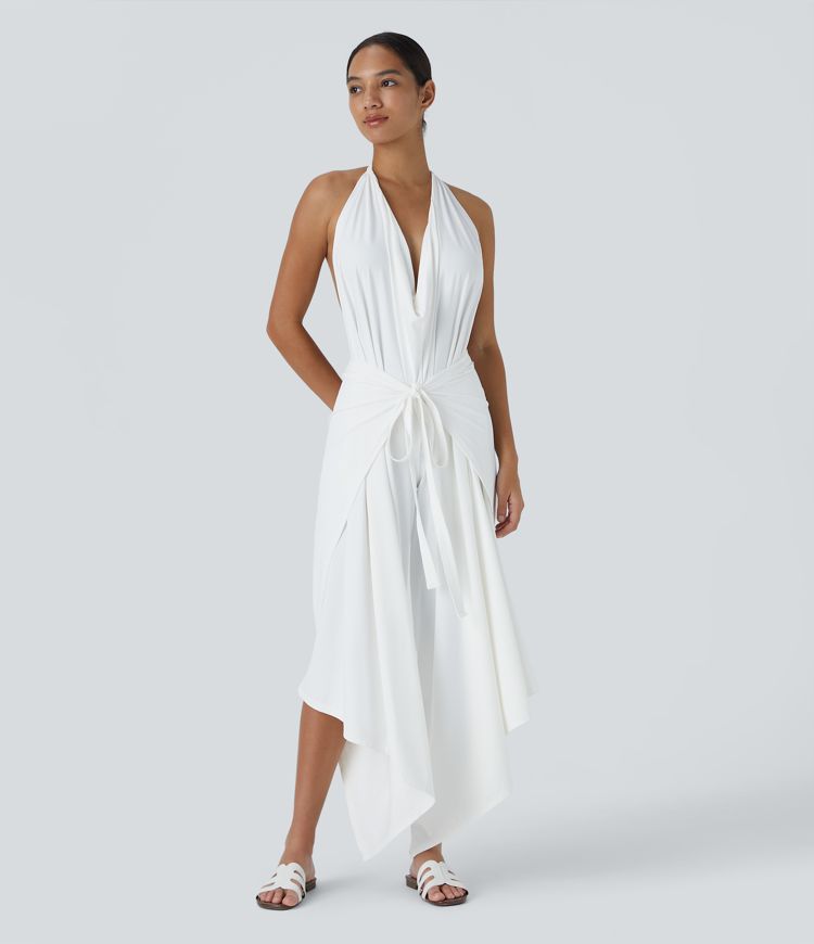 Pantalón palazzo fluido ancho con tiro alto y lazo delantero