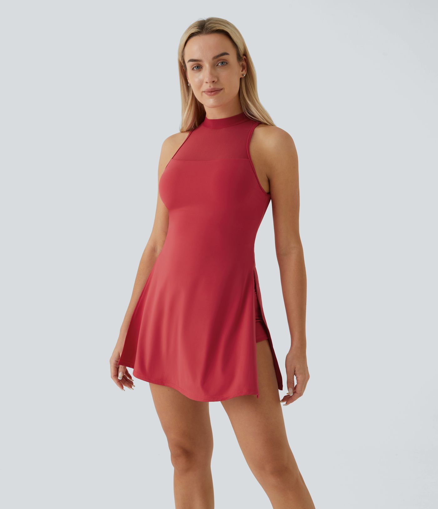 대비 메쉬 버클 백리스 스플릿 2-in-1 사이드 포켓 댄스 액티브 드레스-Easy Peezy Edition