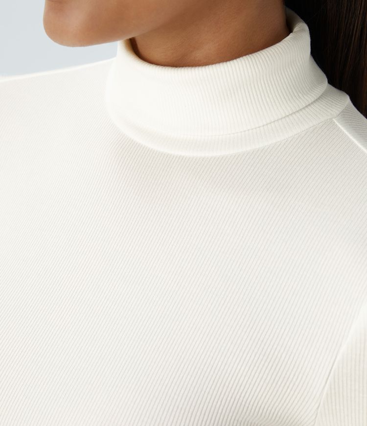 Top Casual à Col Montant et Manches Longues en Maille Côtelée