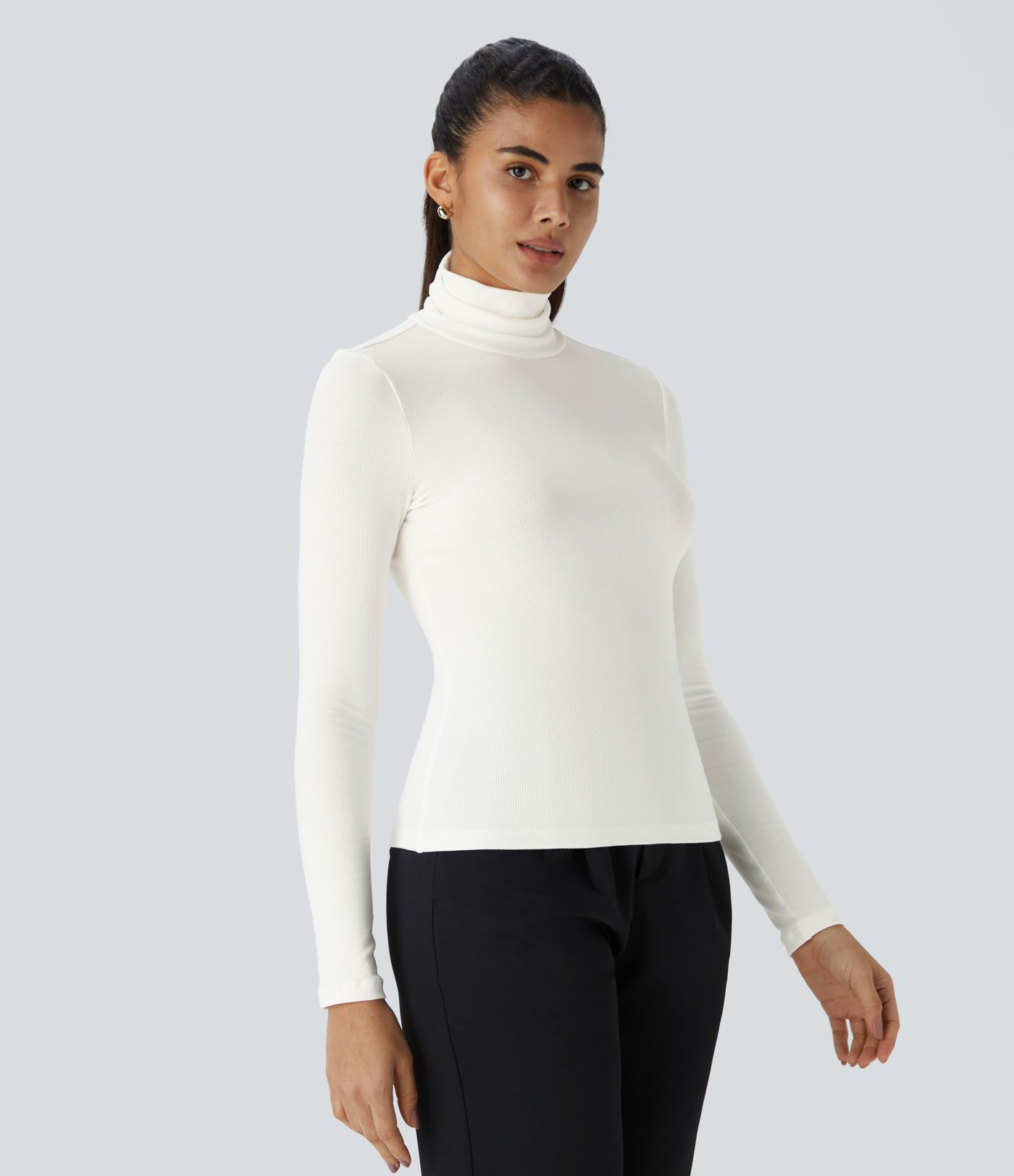 Ribbed knit high neck long sleeve casual top