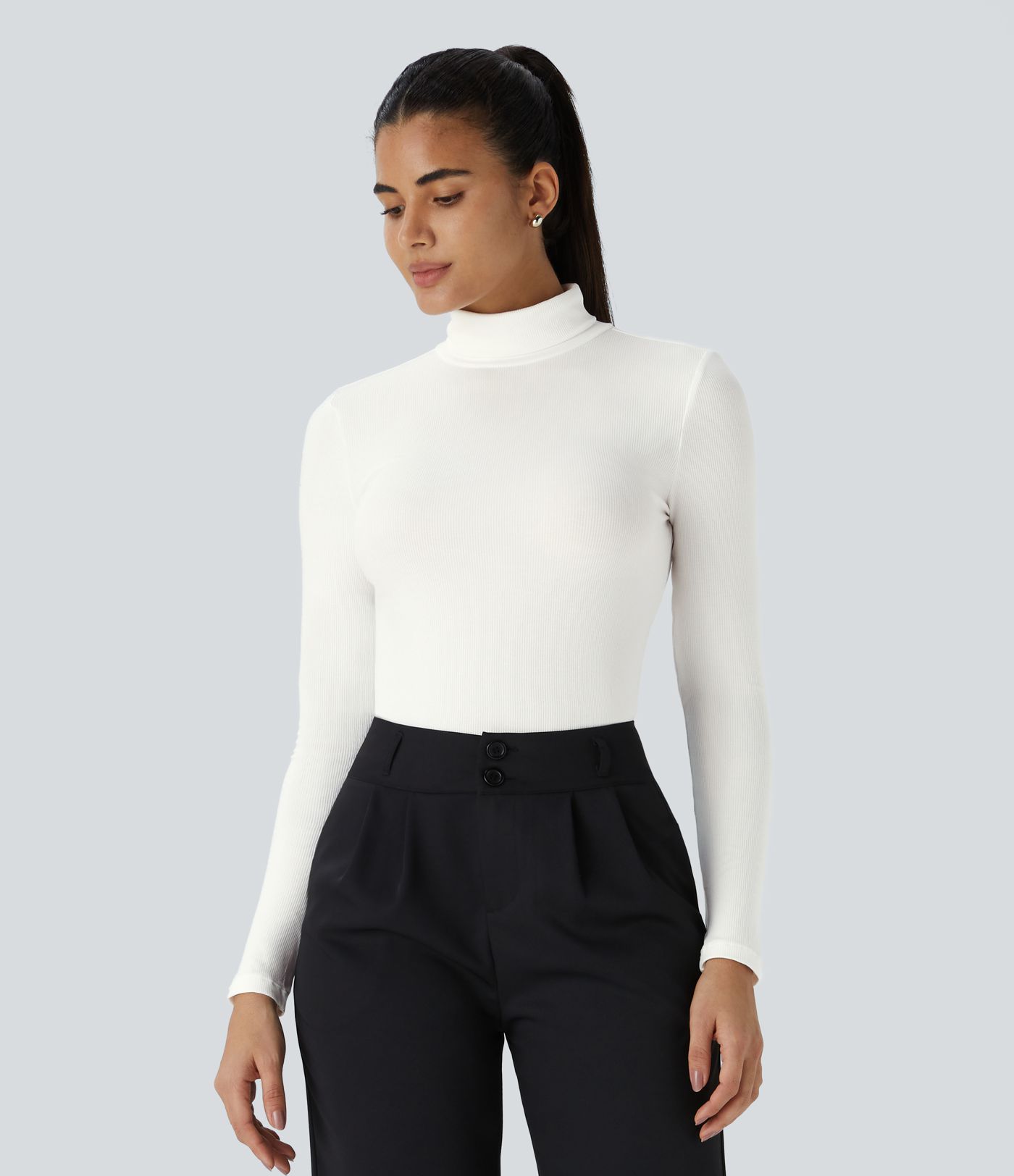 Ribbed knit high neck long sleeve casual top