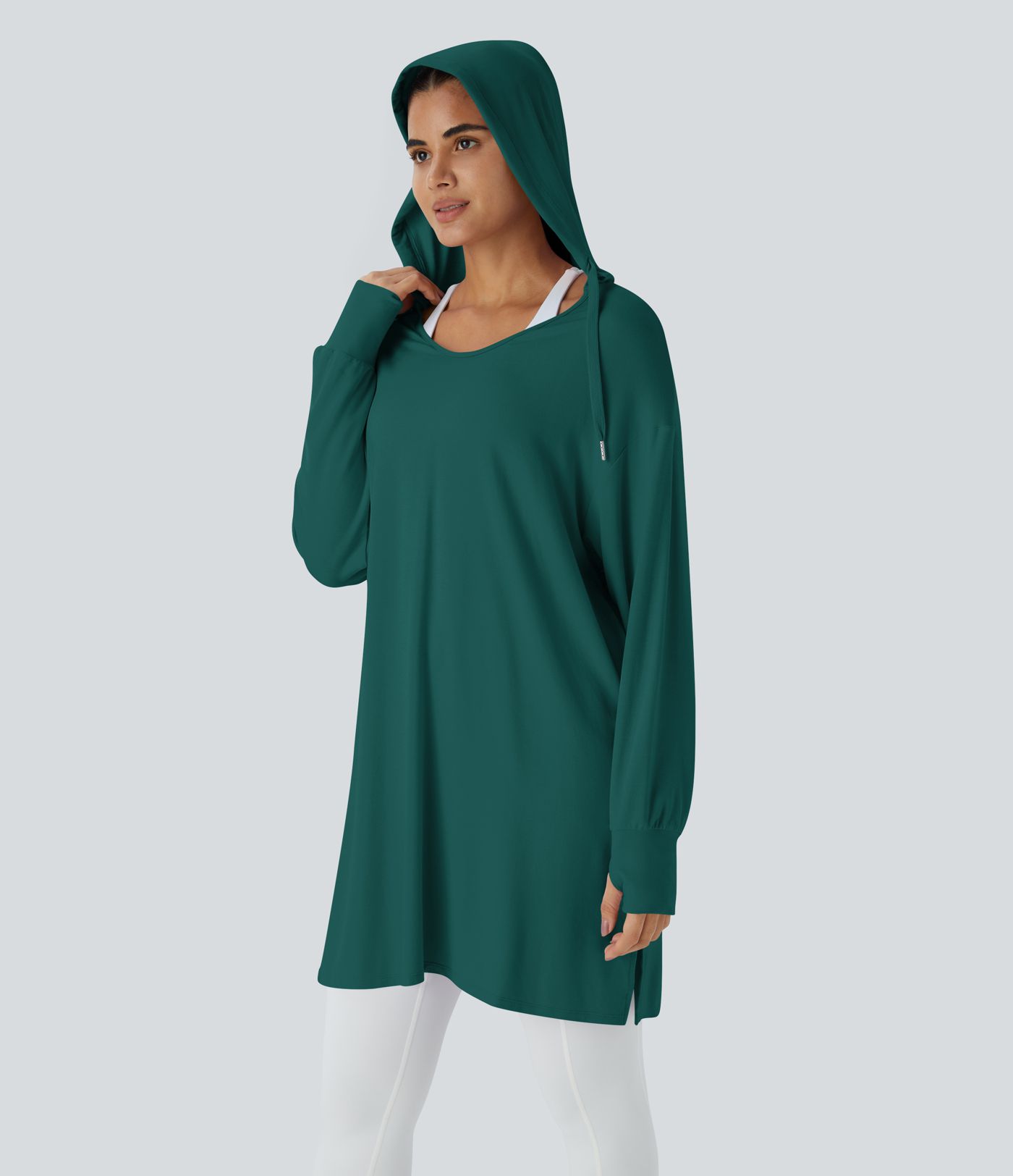 Hooded V Neck Drawstring Thumb Hole Longline Casual Sweatshirt