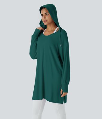 Hooded V Neck Drawstring Thumb Hole Longline Casual Sweatshirt