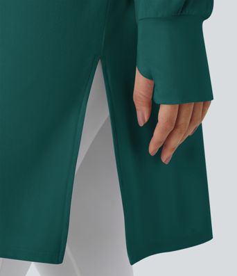 Hooded V Neck Drawstring Thumb Hole Longline Casual Sweatshirt