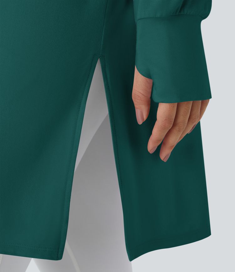 Hooded V Neck Drawstring Thumb Hole Longline Casual Sweatshirt