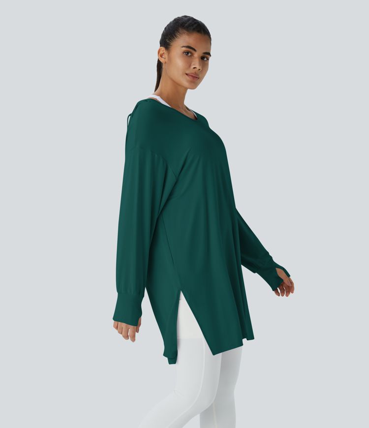 Hooded V Neck Drawstring Thumb Hole Longline Casual Sweatshirt