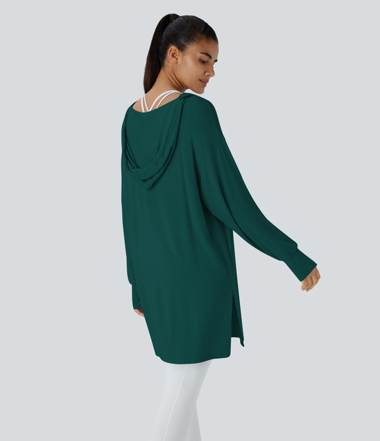 Hooded V Neck Drawstring Thumb Hole Longline Casual Sweatshirt