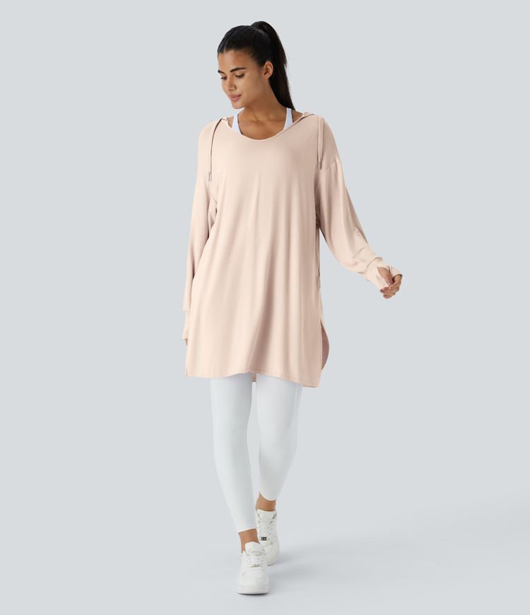 Sweat à capuche à encolure en V, avec cordons et passe-pouces, modèle long décontracté.