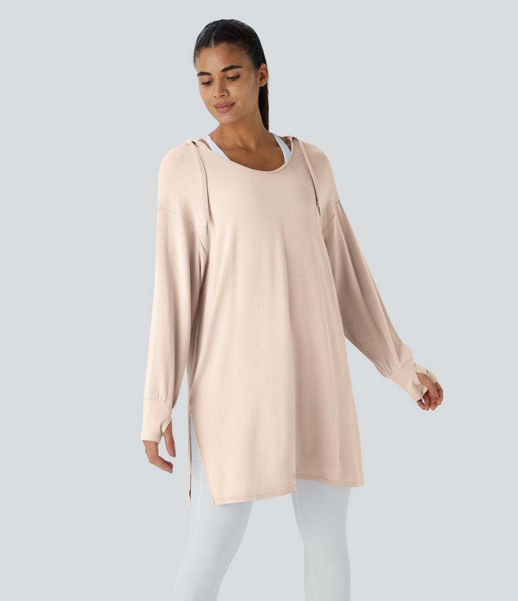 Sweat à capuche à encolure en V, avec cordons et passe-pouces, modèle long décontracté.