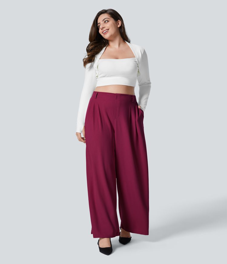 Halara Flex™ Pantalon tailleur Grande taille à Taille Haute, Poches Latérales Plissées, Jambes Larges, en Tissu Gaufré