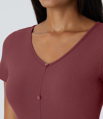 Rib Knit V-Neck Button Split Midi Chic Dress