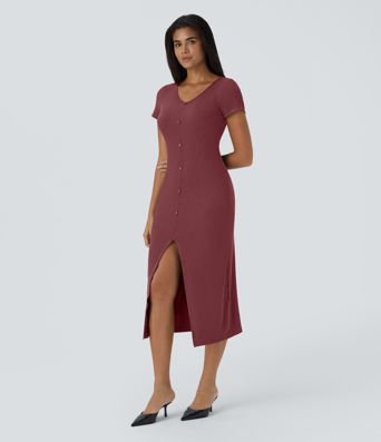Rib Knit V-Neck Button Split Midi Chic Dress