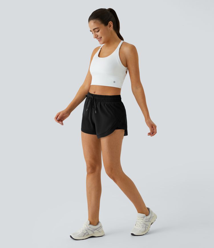 Mid Rise Drawstring Contrast Mesh 2-in-1 Flowy Running Shorts 3''