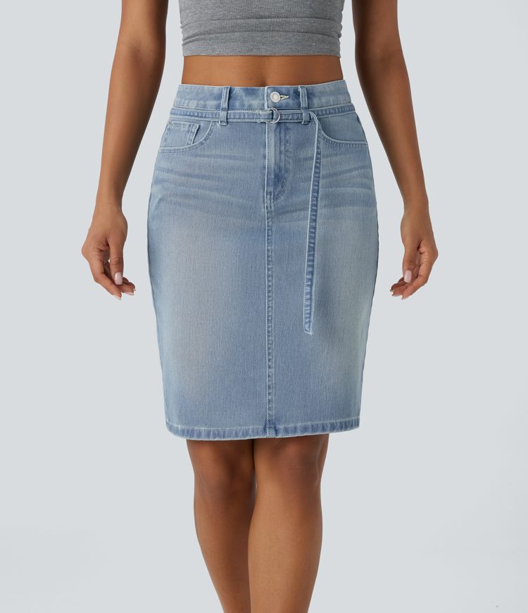 Halara Flex™ Mid Rise Button Zipper Multiple Pockets Split Washed Stretchy Knit Denim Midi Casual Skirt