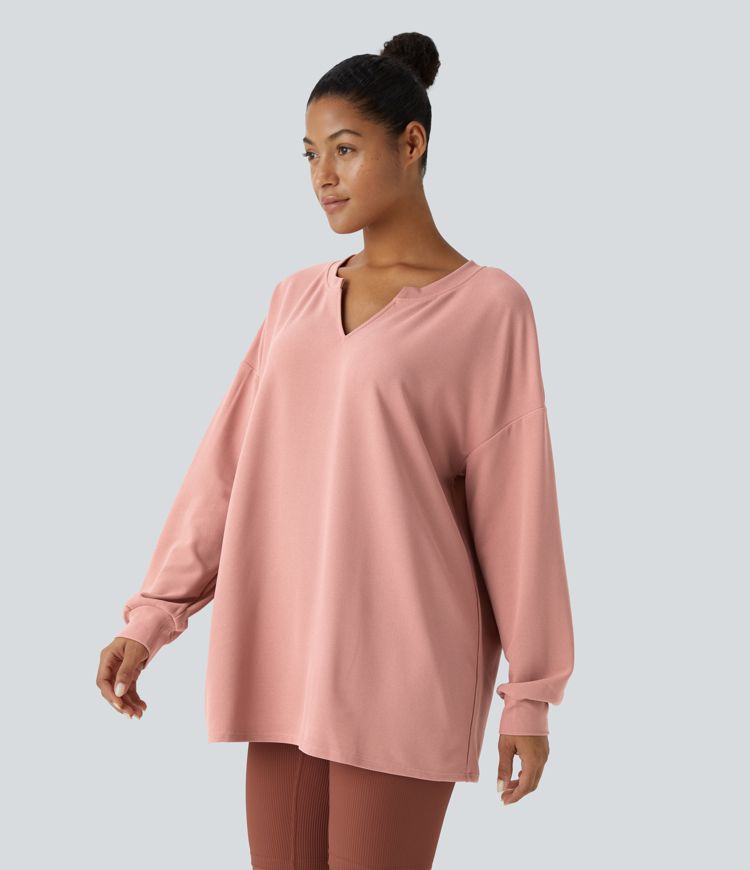 V-neck drop-shoulder relaxed waffle casual sweatshirt