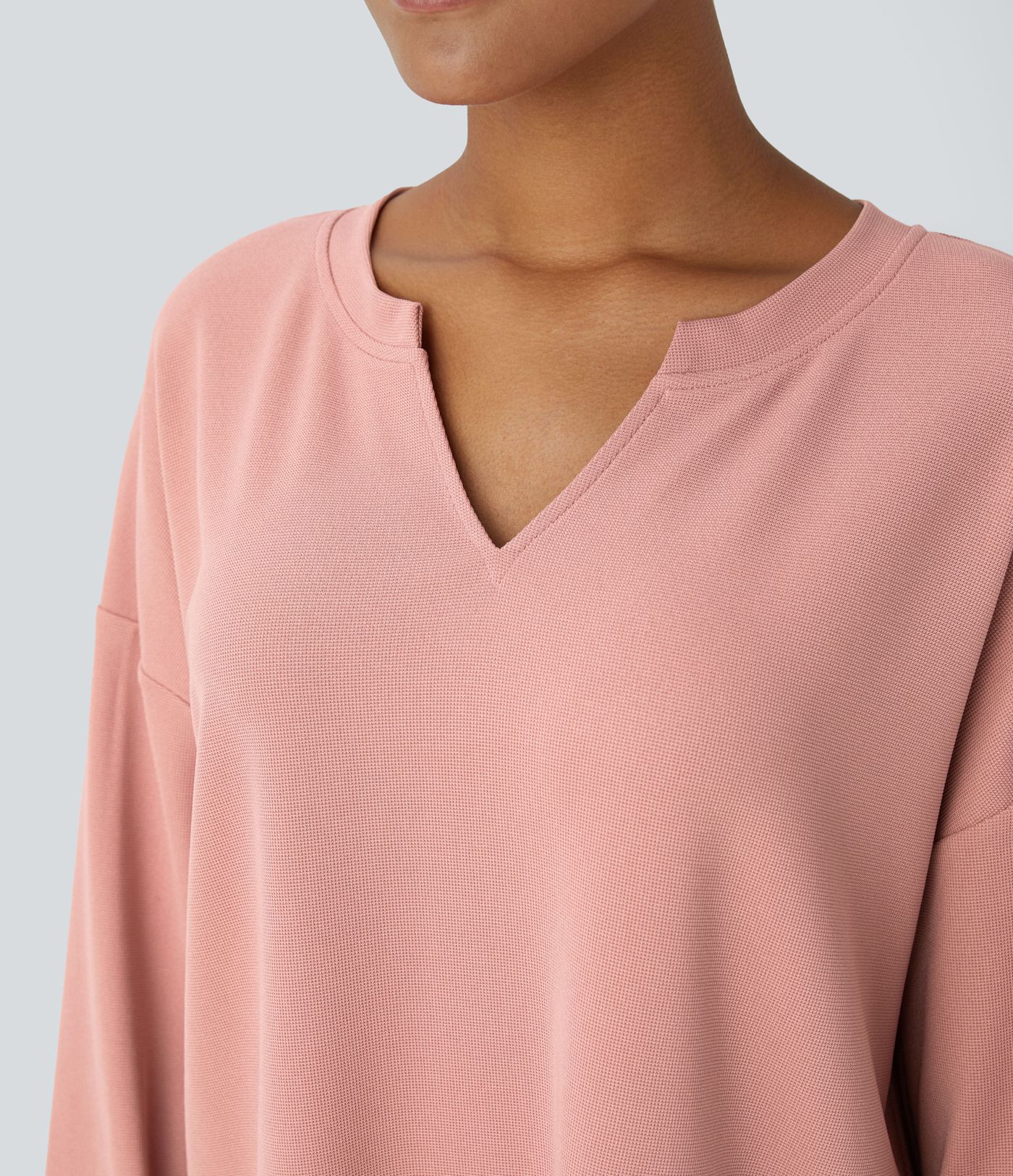 V-neck drop-shoulder relaxed waffle casual sweatshirt