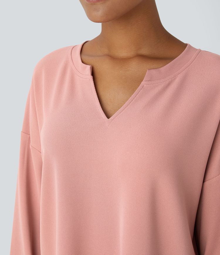 V-neck drop-shoulder relaxed waffle casual sweatshirt