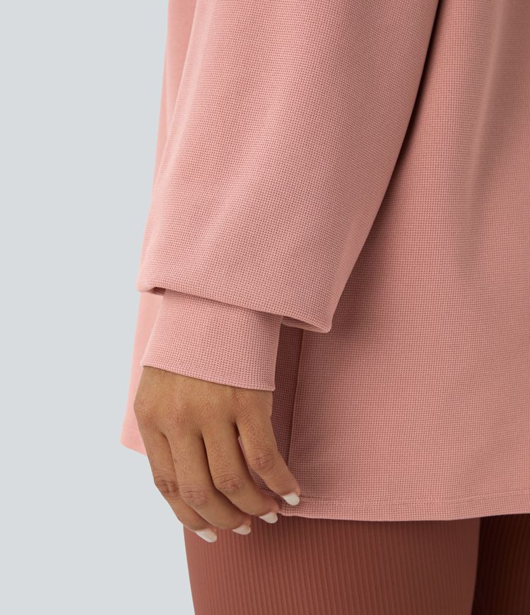 V-neck drop-shoulder relaxed waffle casual sweatshirt