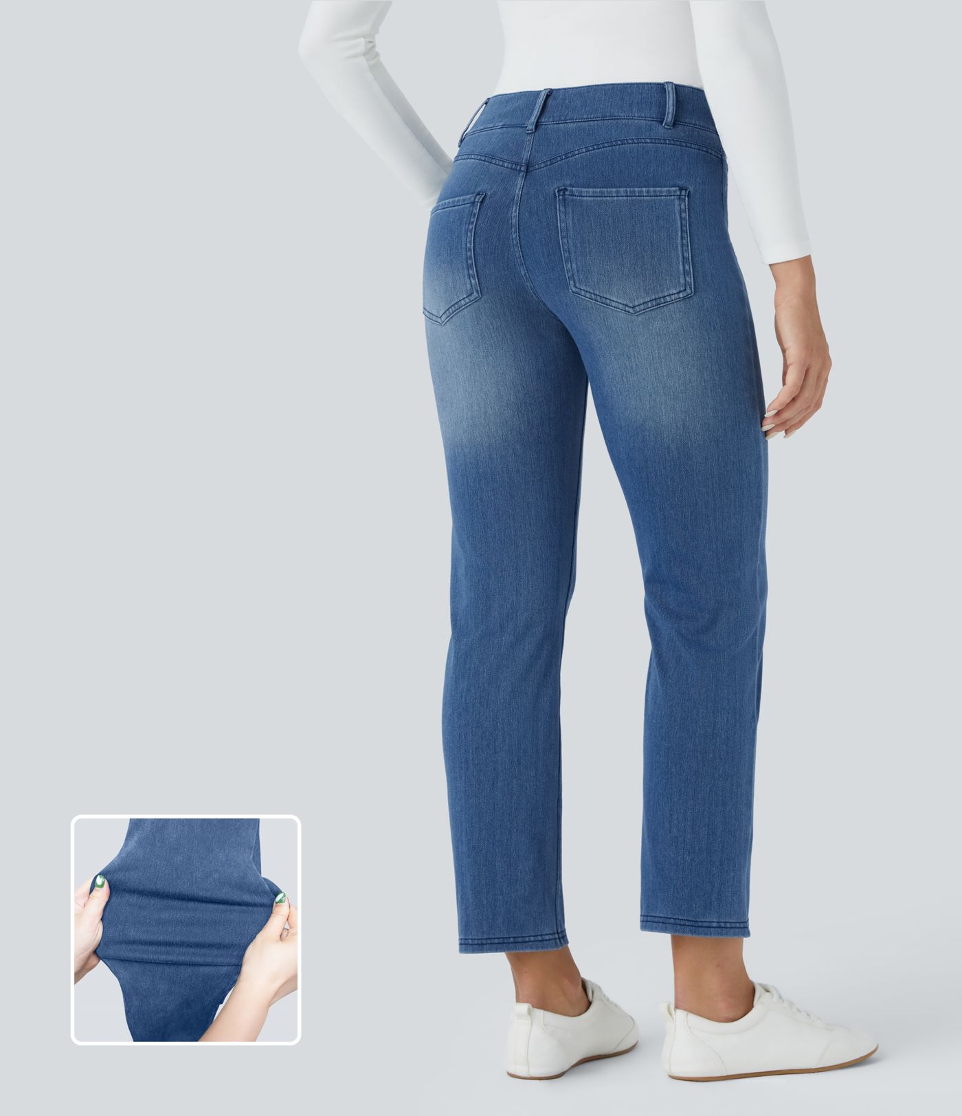 Halara Flex™ Mid-Rise Multiple-Pocket Straight-Leg Washed Stretchy Knit Work Jeans