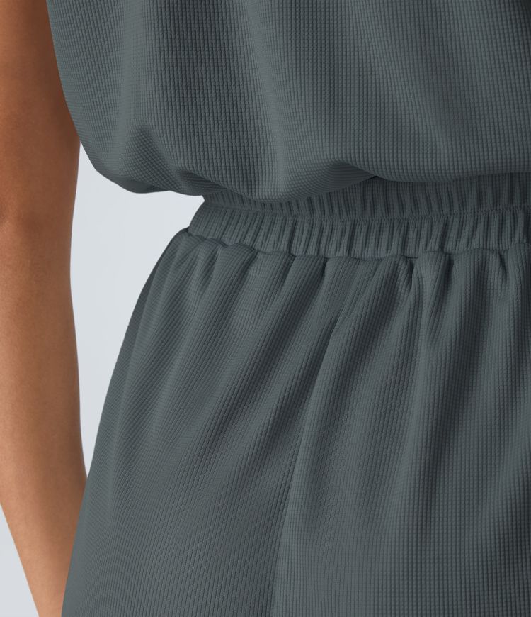 Combinaison décontractée en gaufre à col en V, manches courtes et poche