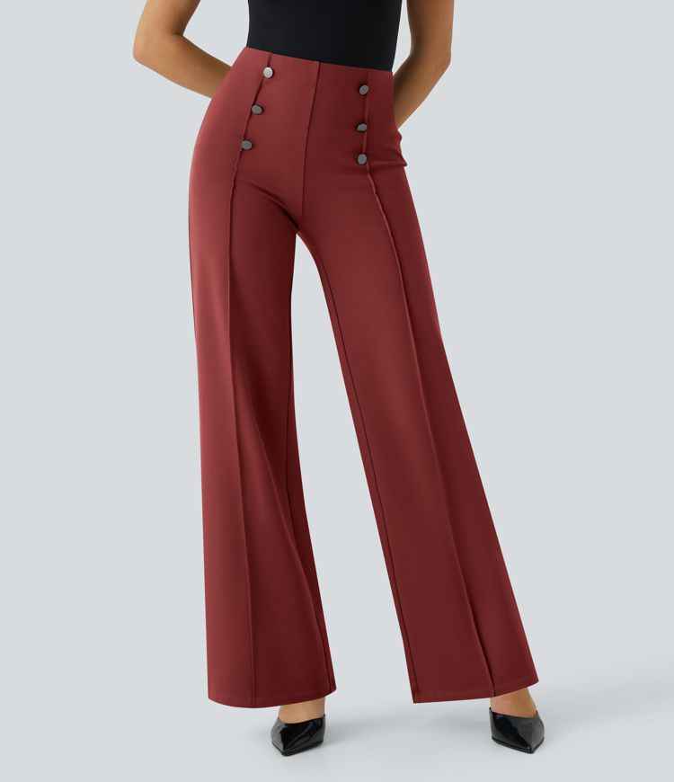 High Waisted Button Pocket Wide Leg Work Pants