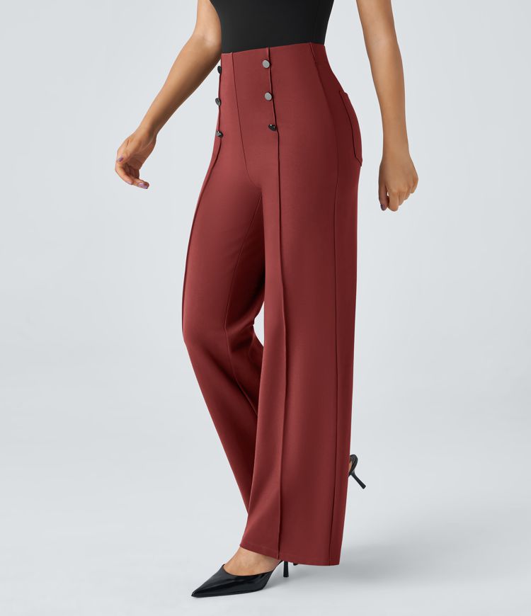 High Waisted Button Pocket Wide Leg Work Pants
