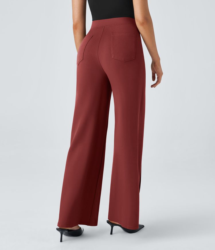 High Waisted Button Pocket Wide Leg Work Pants