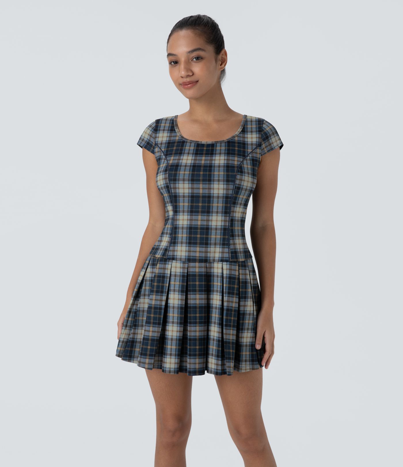 Backless Tieback U-Neck Checkered Pleated Hem Mini Casual Dress