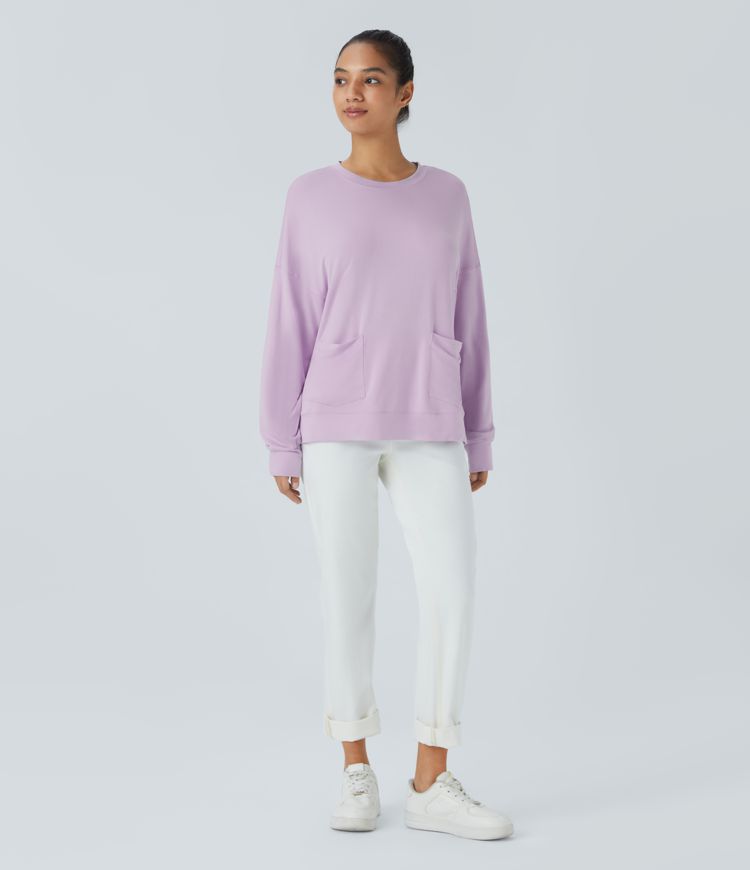 Round Neck Drop Long Sleeve Front Side Pocket Split High Low Oversized Casual Sweatshirt