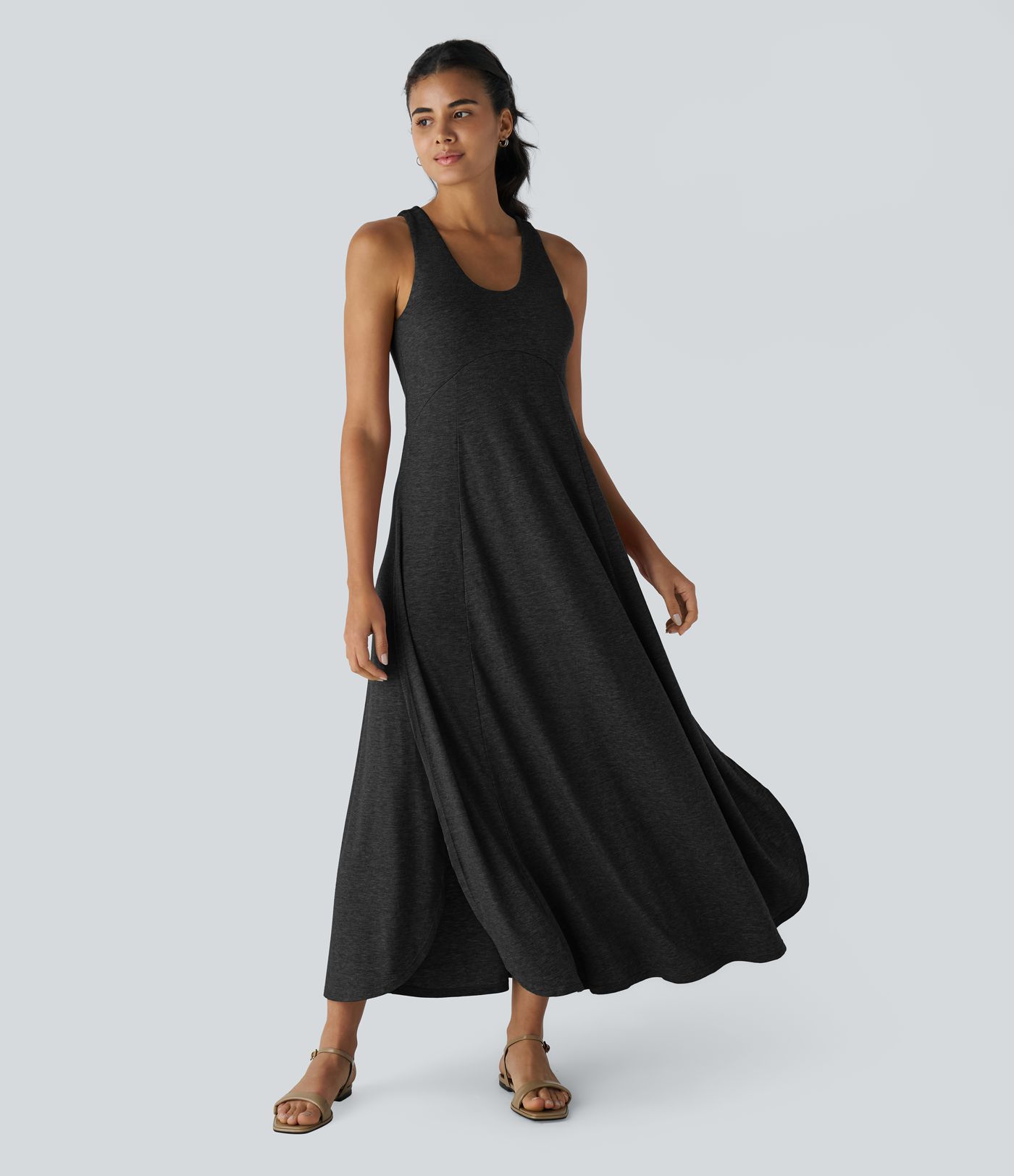U Neck Backless Split Flowy Women Long Maxi Casual Tank Dress