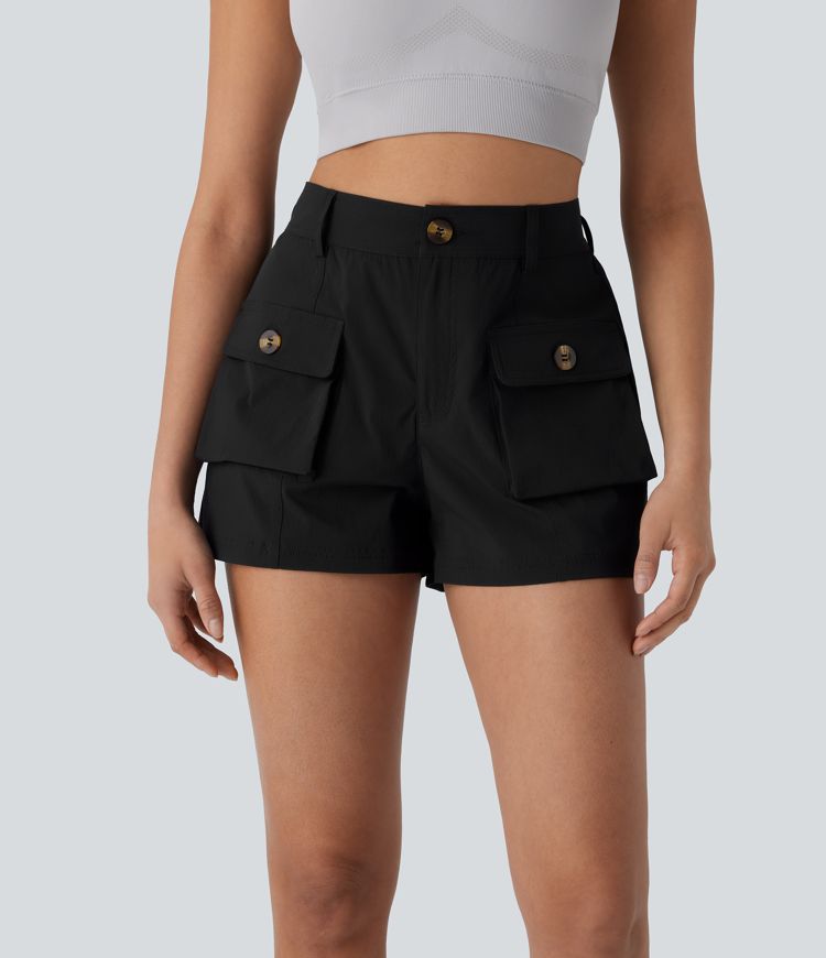 Negro Pantalón corto cargo senderismo múltiple bolsillo cierre botón tiro medio repelente agua ripstop / 1
