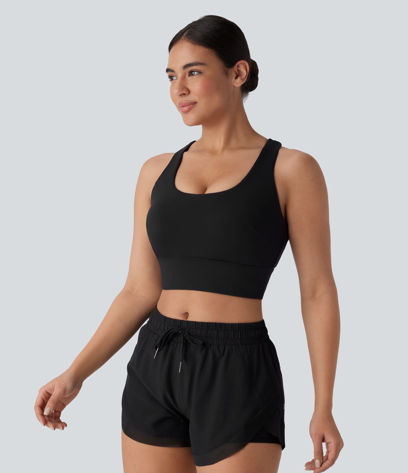 Sujetador deportivo de running con cuello U, soporte medio, gancho ajustable, copas D-F