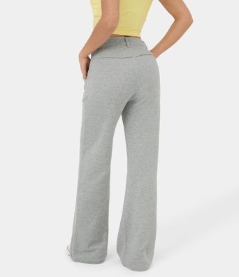 Mid Rise V Shaped Waistband Button Zipper Pocket Flare Casual Cotton SweatTrousers