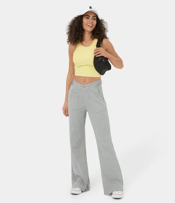 Mid Rise V Shaped Waistband Button Zipper Pocket Flare Casual Cotton SweatTrousers
