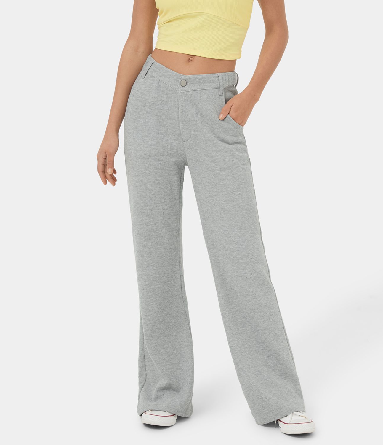 Mid Rise V Shaped Waistband Button Zipper Pocket Flare Casual Cotton SweatTrousers