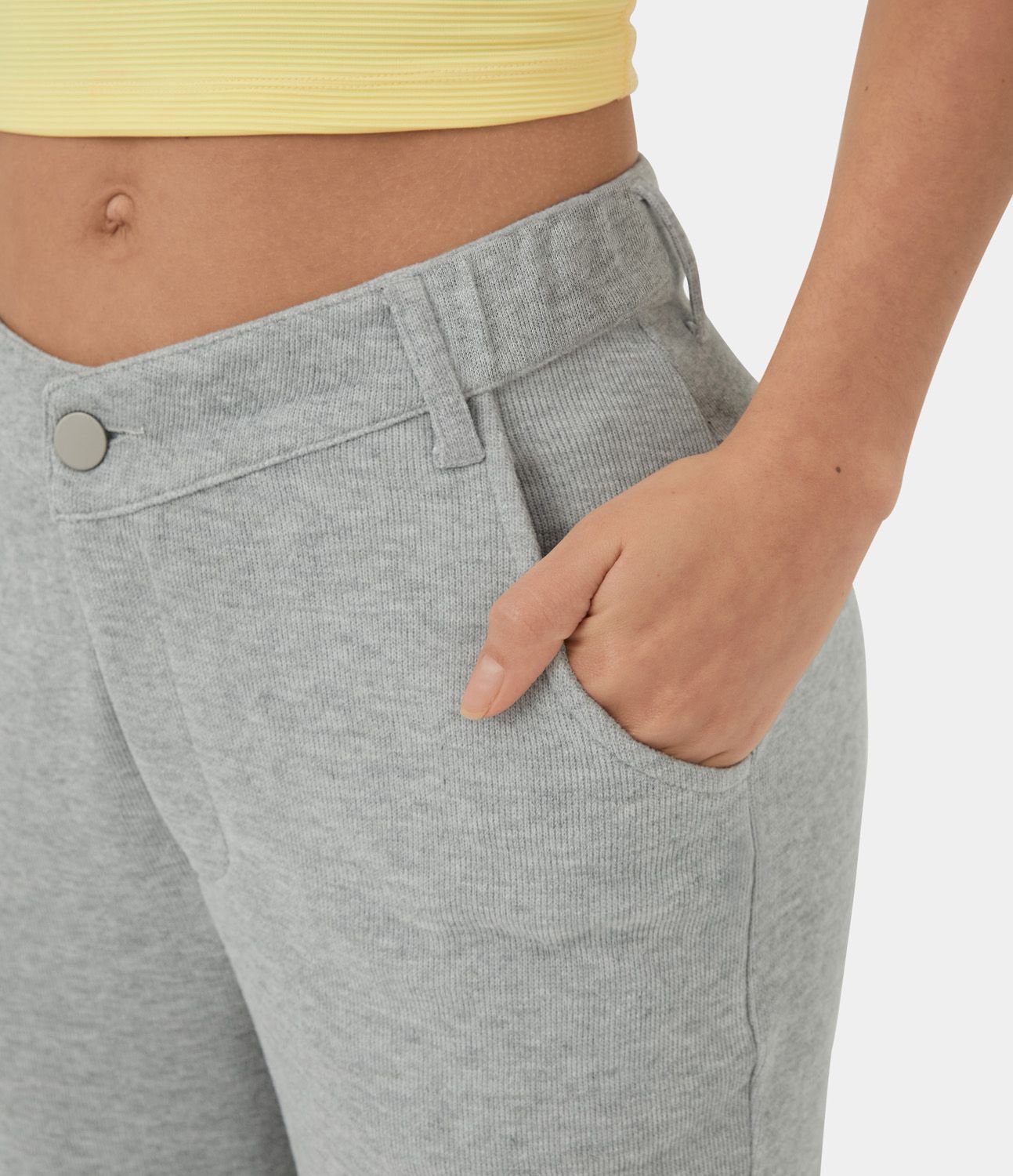 Mid Rise V Shaped Waistband Button Zipper Pocket Flare Casual Cotton SweatTrousers